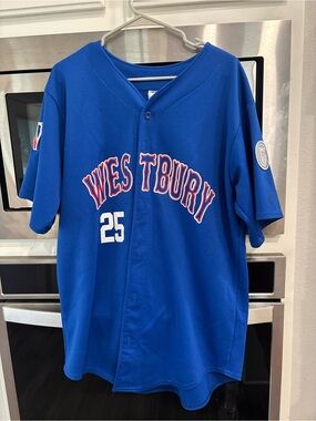 Westbury Men's Blue Baseball Jersey with Number 25